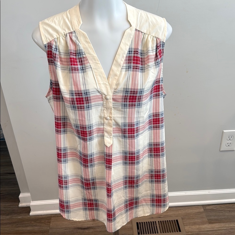 Fervour Large Lightweight Button Plaid Sleeveless Top